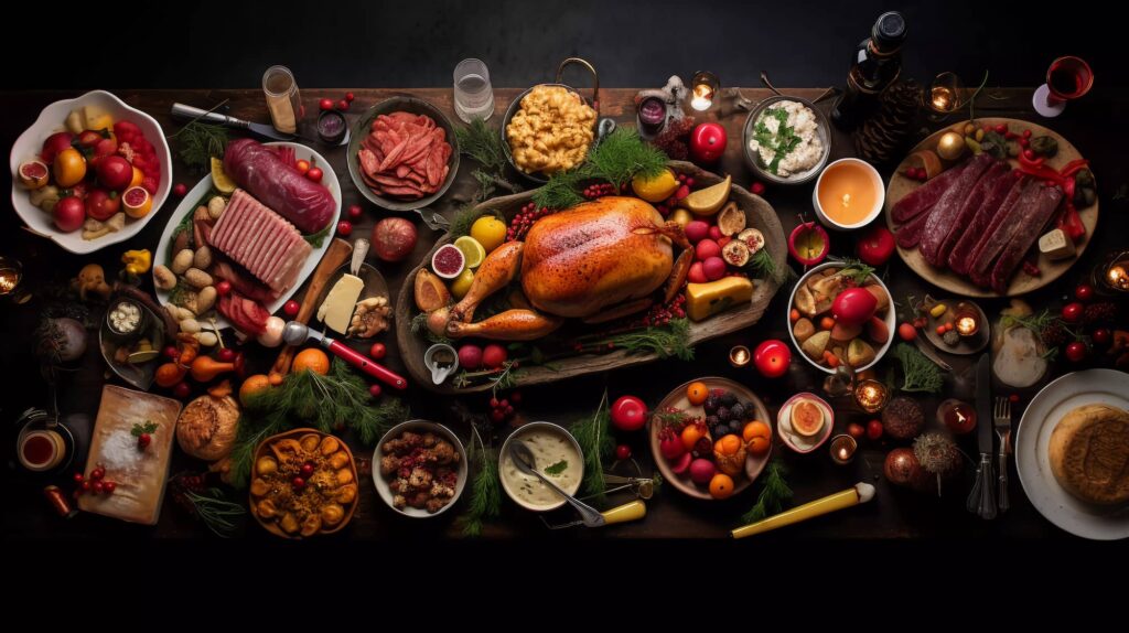 Overhead view of an elaborate charcuterie and roasted meat spread with fresh fruits, vegetables, cheese, and various prepared dishes on a dark surface